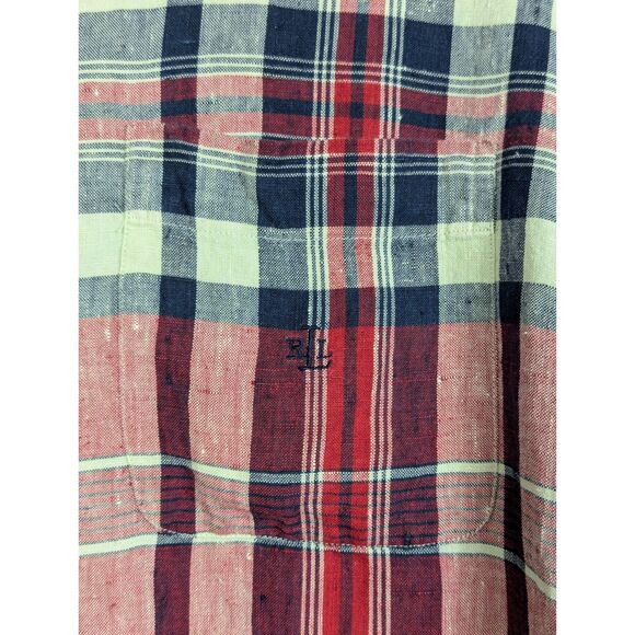 LAUREN Ralph Lauren 100% Linen Plaid LS Shirt Monogram Country Cottage Size 12 - Picture 3 of 6